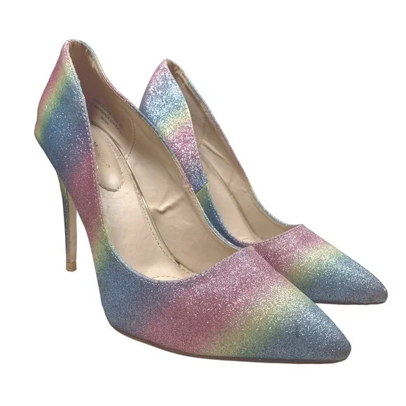 Anne Michelle Hibiscus Heels Womens 8.5 Pastel Rainbow Glitter Mermaid Stiletto - Picture 16 of 16